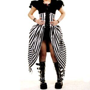 Corset Skirt w Adjustable-Length Bustle, 2 Pockets, Black and White Stripes